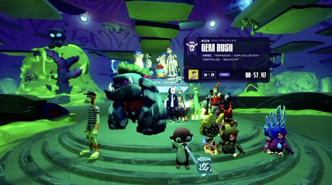 A vibrant, cartoonish virtual world environment featuring various 3D avatar characters and creatures gathered in a central plaza; a digital billboard displays 'GEN RUSH' along with a countdown timer at '00:57.47'.