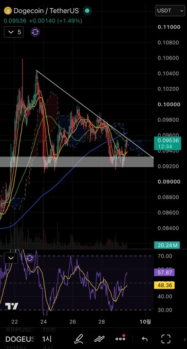 A TradingView chart of Dogecoin/TetherUS (DOGEUSDT) shows the price at $0.09536, up +1.49%, consolidating within a descending triangle pattern near the $0.09400 support level with the RSI at 57.87, suggesting DOGE is on the verge of a breakout as referenced in the caption about going "full mad dog."
