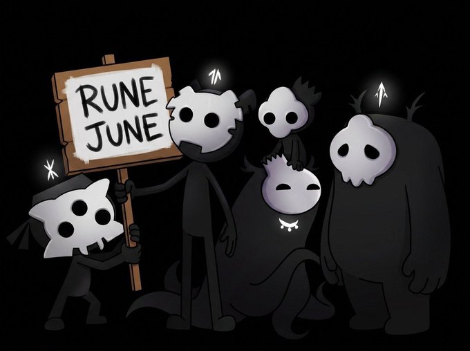 The image features a group of cartoon characters standing together against a black background. The characters include a man dressed as a skeleton, a woman wearing a crown, and several other figures. They are all holding up signs that say "Rune June". The scene is set in a dark room with the characters positioned close to each other, creating an atmosphere of unity and camaraderie among them.