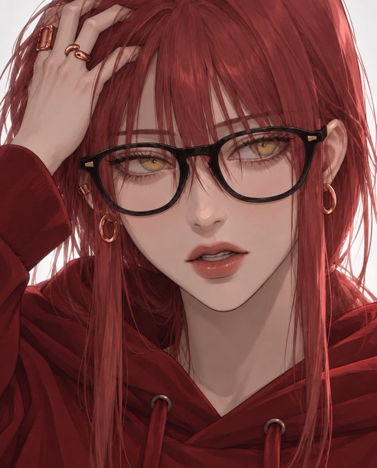 An anime-style illustration of a red-haired female character wearing black glasses and a red hoodie.