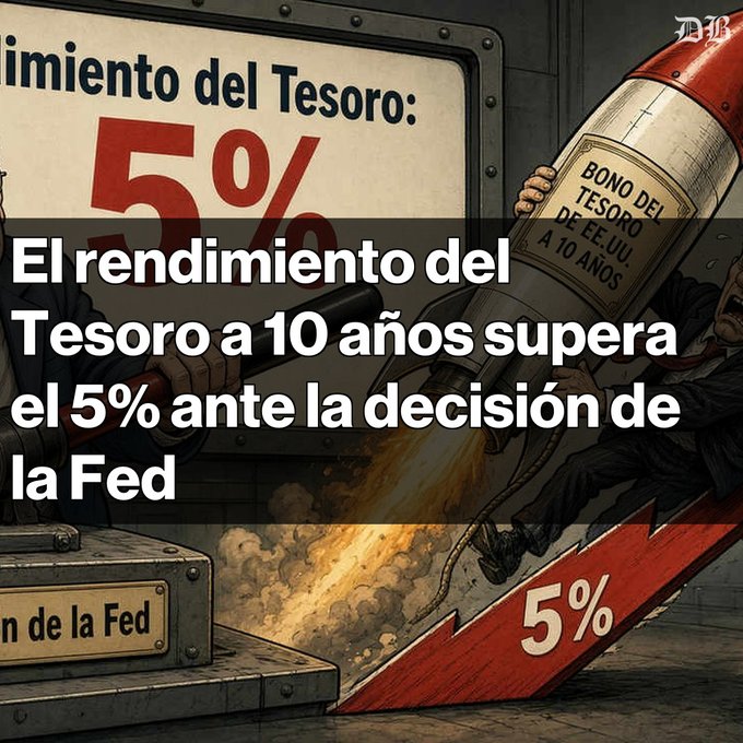 Spanish-language financial news graphic depicting a rocket labeled 'BONO DEL TESORO DE EE.UU. A 10 AÑOS' launching past a 5% Treasury yield marker, with headline: 'El rendimiento del Tesoro a 10 años supera el 5% ante la decisión de la Fed.'