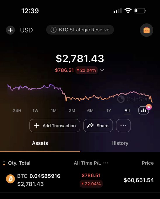 The image shows a closeup view of an iPhone screen displaying a bitcoin trading app, specifically showing the Bitcoin Strategic Reserve account with $2.81 Million currently invested, and showing that over time, the investment has grown by $0.48 Million. The user is in the middle of adding another transaction to their portfolio.