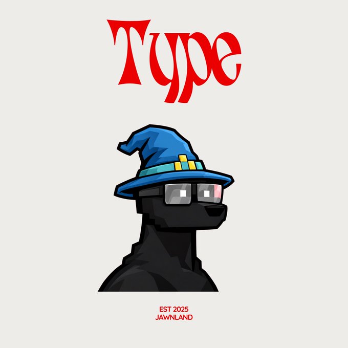 A logo or branding image featuring a black dog-like character wearing a blue wizard hat and glasses, with the red text 'Type' above and 'EST 2025 JAWNLAND' below.