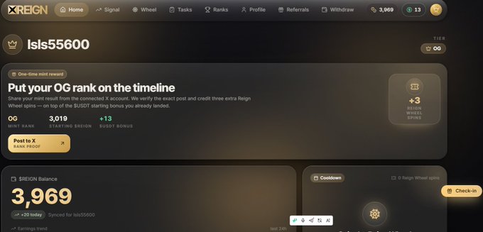 A screenshot of the XREIGN platform showing user 'Isls55600' with a $REIGN balance of 3,969, OG rank 3,019, and a prompt to 'Post to X' for a +3 bonus.