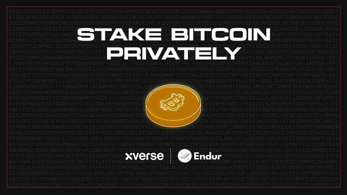 The image promotes "STAKE BITCOIN PRIVATELY" with a Bitcoin logo over a dark background filled with code, featuring the xVerse and Endur brand logos at the bottom—aligning with the post's announcement about StakeMber and the launch of ownable infrastructure for Bitcoin staking within the Web3 ecosystem.