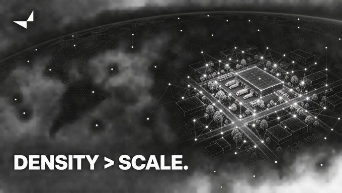 A black-and-white promotional graphic reading 'DENSITY > SCALE.' with a stylized wireframe cityscape overlaid with a network of nodes on the right side.
