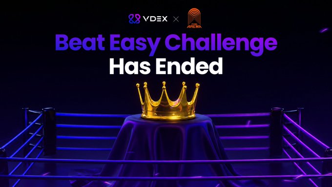 Promotional banner for VDEX x APELRN 'Beat Easy Challenge Has Ended' featuring a golden crown on a purple-draped table inside a neon-lit boxing ring.