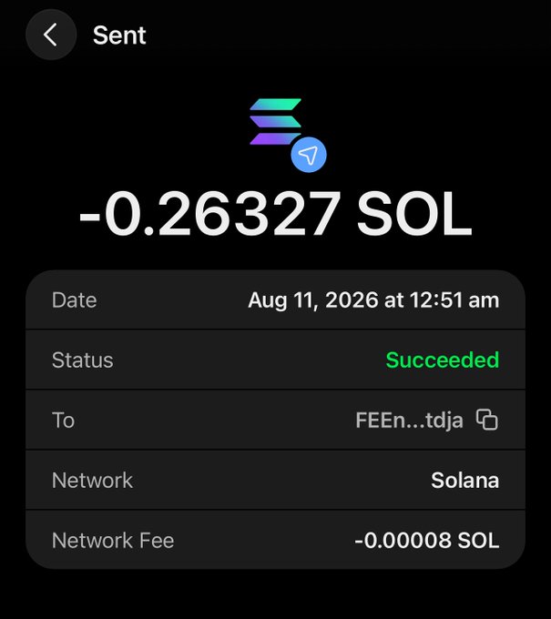 A cryptocurrency wallet transaction confirmation showing a successful transfer of -0.26327 SOL sent to "FEEn...tdja" on the Solana network on Aug 11, 2026, with a network fee of -0.00008 SOL. The image serves as proof of payment to the first contest winner, supporting the post announcing the prize distribution and prompting followers to keep retweeting for future giveaways.