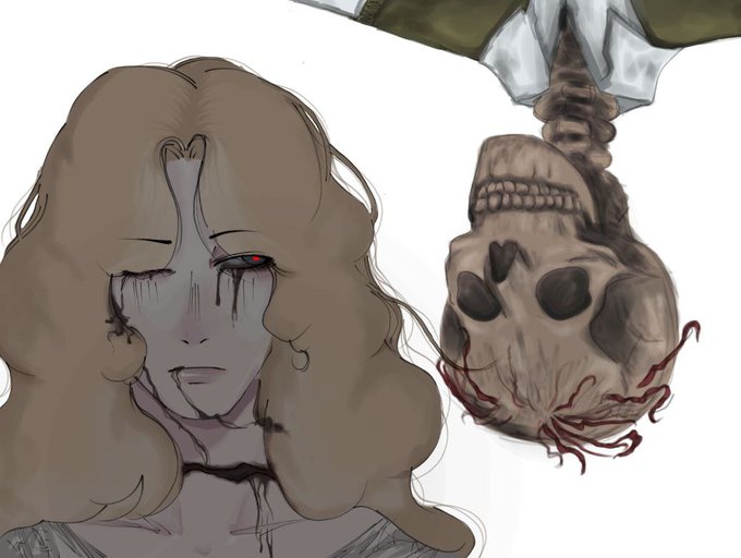 An illustration shows a woman with long brown hair and closed, bloodshot eyes next to an upside-down severed head with bared teeth and worms emerging from it.
