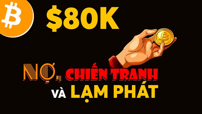 A graphic with Bitcoin imagery and Vietnamese text reading 'NÓ. CHIẾN TRANH và LẠM PHÁT' (War and Inflation) alongside '$80K' indicating a Bitcoin price target.