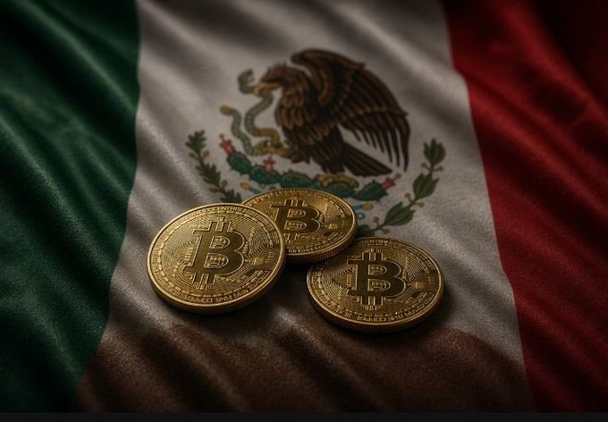 Three physical Bitcoin tokens resting on a waving Mexican flag, symbolizing Bitcoin's relationship with Mexico.