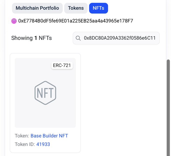A digital wallet interface displaying an ERC-721 NFT collection with one Base Builder NFT (Token ID: 41933) under the wallet address 0xE7784B0dF5fe69E01a225EB25aa4a43965e178F7.