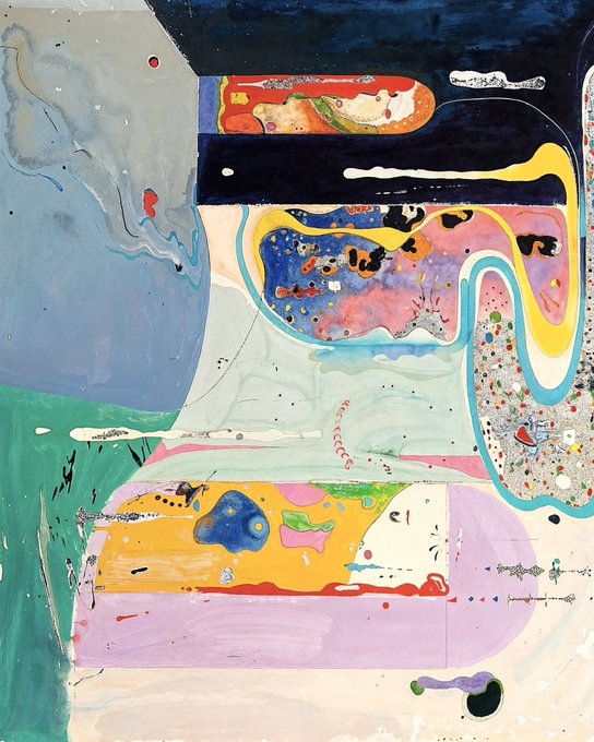 An abstract painting with colorful organic shapes in pink, blue, green, yellow, and black, featuring a distinct face-like form at the bottom center, reminiscent of contemporary abstract expressionism.