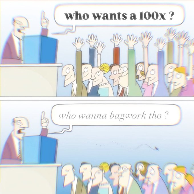 A two-panel meme cartoon where a speaker at a podium asks 'who wants a 100x?' with everyone raising hands, then asks 'who wanna bagwork tho?' with no response from the crowd.