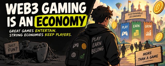 An illustrated graphic reading 'WEB3 GAMING IS AN ECONOMY' with the tagline 'GREAT GAMES ENTERTAIN. STRONG ECONOMIES KEEP PLAYERS.' and a character with a backpack labeled 'PLAY EARN BELONG' facing a castle marked 'PLAY EARN GROW' and 'SUSTAINABLE ECONOMY'.