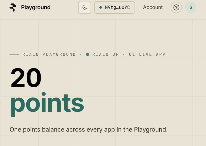 A screenshot of a "Playground" interface showing "20 points" with the description "One points balance across every app in the Playground." It includes navigation for "RIALO PLAYGROUND," "RIALO UP," and "01 LIVE APP."