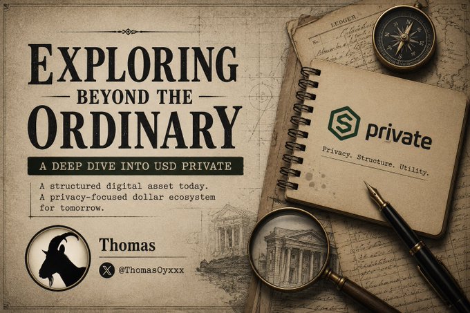 The image is a vintage-styled promotional banner featuring a compass, magnifying glass, fountain pen, and notebook displaying the "S private" logo, alongside text reading "EXPLORING BEYOND THE ORDINARY: A DEEP DIVE INTO USD PRIVATE" by author Thomas (@Thomas0yxxx), introducing a "structured digital asset" and "privacy-focused dollar ecosystem." The adventurous, exploration-themed imagery visually reinforces the post's narrative of USD Private taking an unconventional path in the crypto market rather than relying on typical launch-and-speculation strategies.