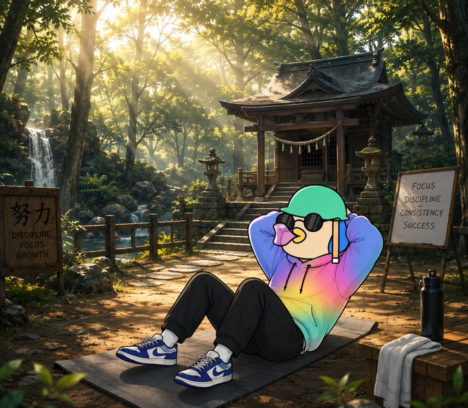 An AI-generated image of a cartoon penguin character in a tie-dye hoodie, sunglasses, and blue sneakers doing sit-ups on a yoga mat in front of a Japanese shrine, with signs reading 'DISCIPLINE FOCUS GROWTH' and 'FOCUS DISCIPLINE CONSISTENCY SUCCESS'.