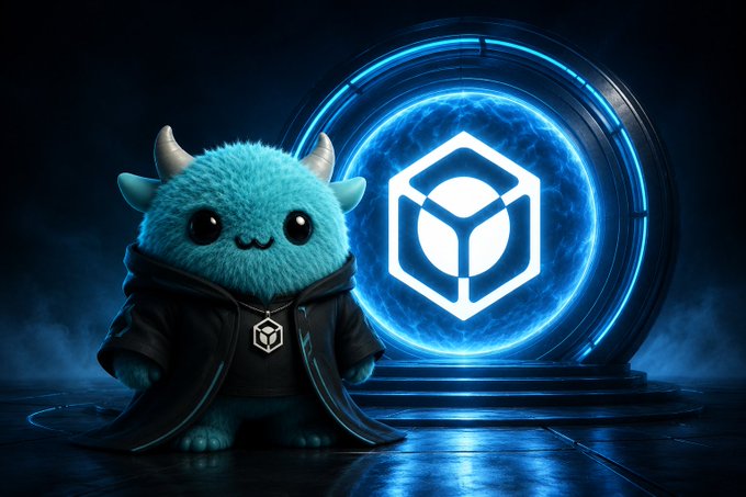 A cute blue fuzzy monster with horns wearing a black cloak stands next to a glowing blue circular portal featuring the Nucleus (nCFX) logo in the background, symbolizing the platform's reputation engine approach to identifying quality users beyond easily-farmed metrics like task counts or transaction volume.