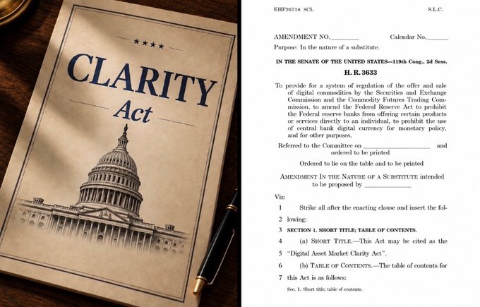 The image shows a mock-up of the "CLARITY Act" legislation displayed alongside a draft Senate amendment (H.R. 3633, referred to as the "Digital Asset Market Clarity Act"), illustrating the post's announcement of a new Republican draft circulating in the Senate with over 100 changes affecting DeFi and credit unions.