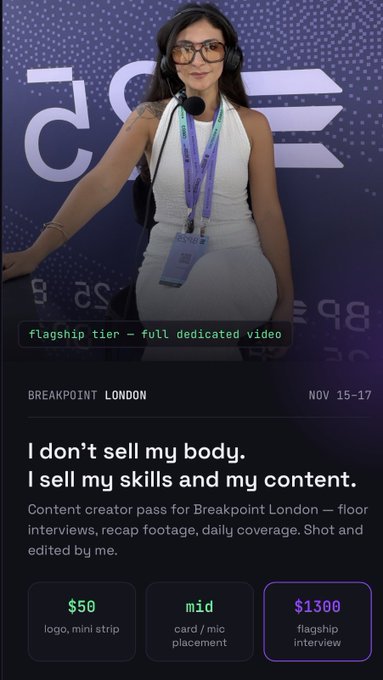 A promotional graphic for a 'Breakpoint London' content creator pass (Nov 15-17) featuring a woman in a white dress and headphones, highlighting tiers like '$50 logo', 'mid card / mic placement', and '$1300 flagship interview'.