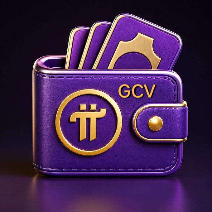 A purple wallet with gold accents displays the Pi (π) cryptocurrency logo and the text "GCV," symbolizing Pi Coin's "Global Consensus Value" as discussed in the post about the PiCoin exchange rate. The image visually represents the digital asset's potential valuation, whether $314 or $314,159, stored and exchanged through such crypto wallets.