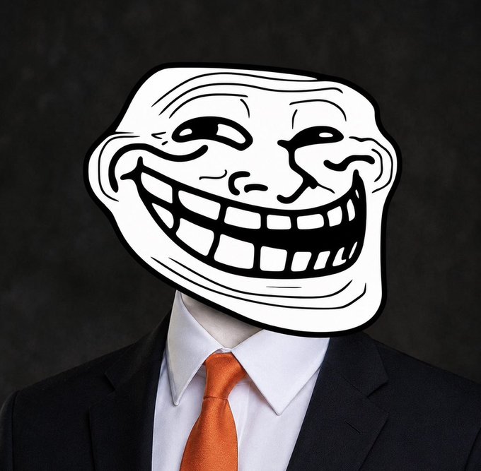 A surreal image of a person wearing a business suit and orange tie, with their head replaced by a large, black-and-white troll face meme.
