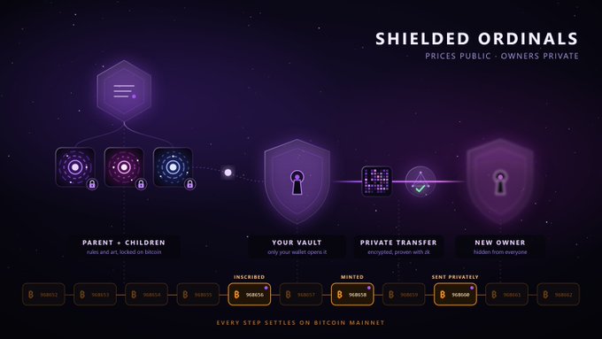 An infographic titled 'SHIELDED ORDINALS - PRICES PUBLIC · OWNERS PRIVATE' illustrating a Bitcoin Ordinals transfer process through Parent, Your Vault, Private Transfer, and New Owner stages, with text 'EVERY STEP SETTLES ON BITCOIN MAINNET'.