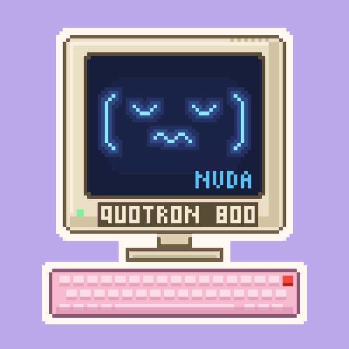 A pixel art illustration of a retro beige CRT computer monitor displaying an angry blue emoticon face with the label 'HUDA', sitting above the brand name 'QUOTROM 800' on a lavender background with a pink keyboard.