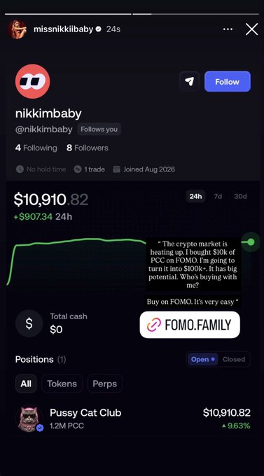 The image shows a screenshot of an Instagram story from user "nikkikimbaby" (@nikkikimbaby), displaying their portfolio with $10,910.82 in holdings, all from a position in "Pussy Cat Club" ($PCC) showing a +9.63% gain. A message overlay reads: "The crypto market is heating up. I bought $10k of $PCC on FOMO. I'm going to turn it into $100k+. It has big potential. Who's buying with me?" — illustrating the post's claim about an influencer with a large following publicly showcasing their $PCC investment, signaling retail interest in the token.