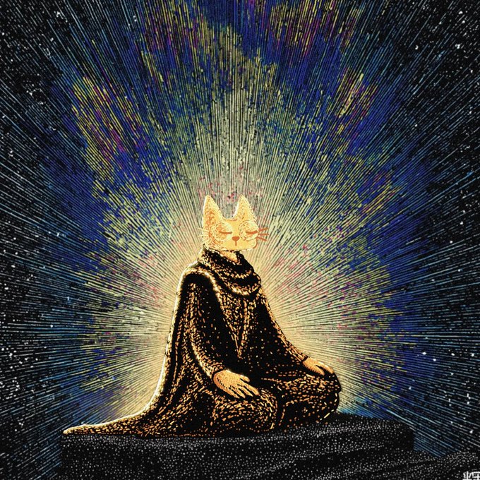 A serene, radiant cat-like figure sits in a robe beneath a colorful burst of light. The mystical “winning aura” artwork complements the post’s bullish streak of $CETS at 15M, $STONKBANKERS at 1M, and $JIN at 300K.
