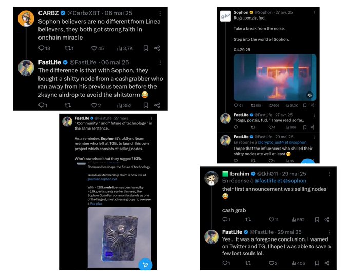 The image shows a series of tweets from "FastLife" (@FastLife_) discussing the "Sophon" project and referencing a community statement on zksync.