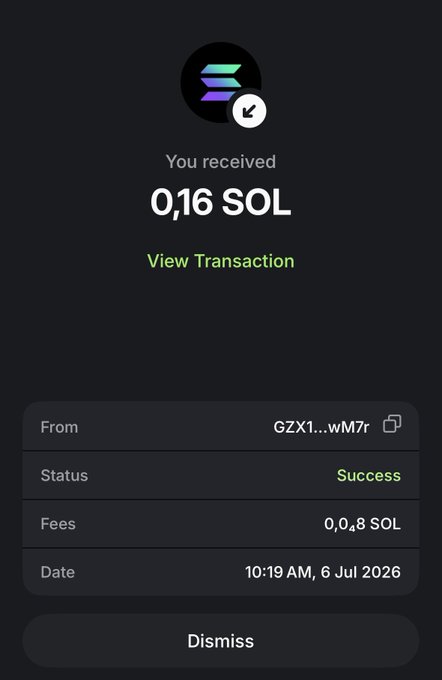 A Solana transaction receipt showing a successful receipt of 0.16 SOL from address GZX1...wM7r, with 0.0000008 SOL in fees, dated 10:19 AM, 6 Jul 2026.
