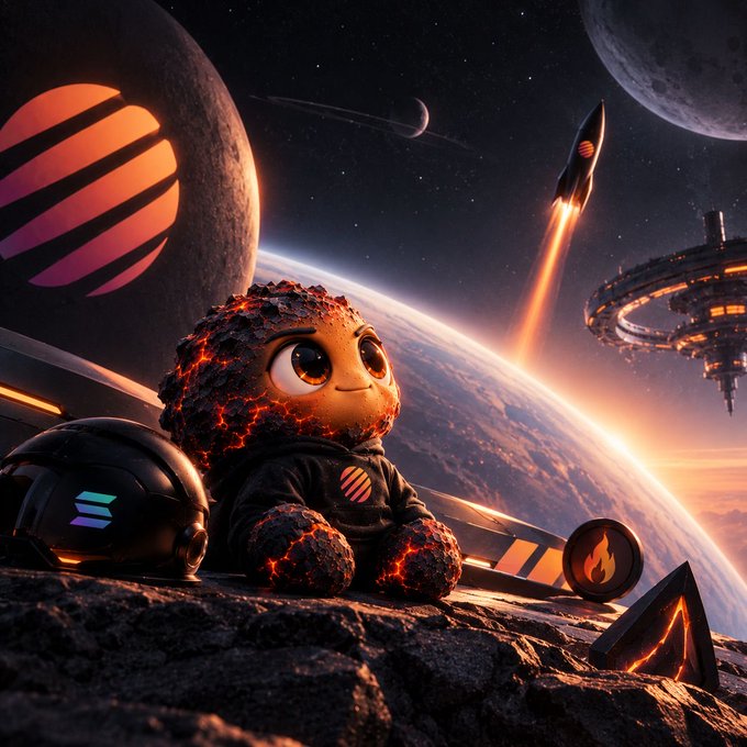 A digital illustration of a cute lava-textured creature with big eyes wearing a hoodie, sitting on a rocky surface with a space helmet beside it, set against a cosmic background featuring planets, a launching rocket, and a space station.