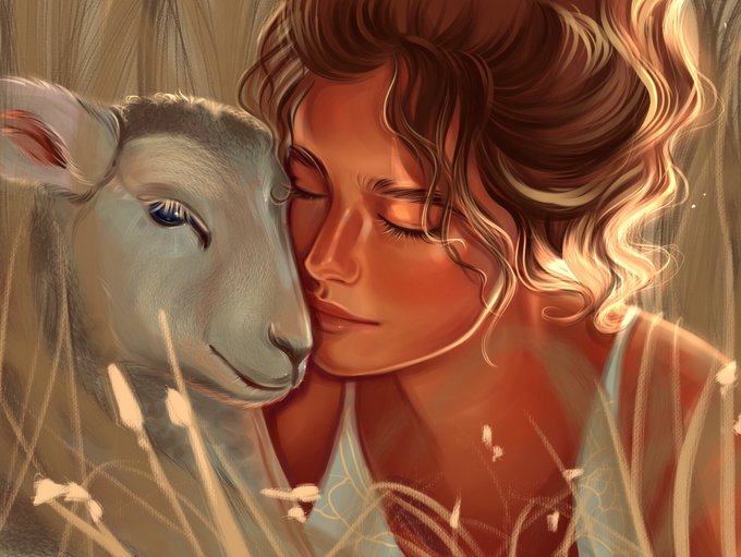 A digital illustration depicts a young woman with closed eyes resting her face tenderly against a white lamb in a field of tall grass, bathed in warm golden light.