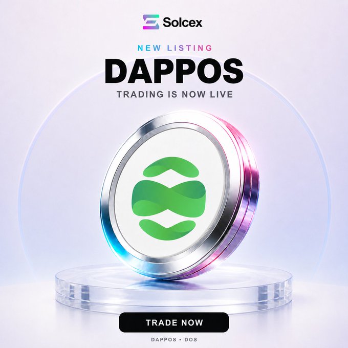 SolCex announces the new listing of DAPPOS (DOS), with a sleek 3D-rendered coin displaying its green logo front and center, accompanied by the text "NEW LISTING," "DAPPOS TRADING IS NOW LIVE," and a "TRADE NOW" call-to-action button, aligning with the post's announcement of the DOS/USDT spot trading launch.