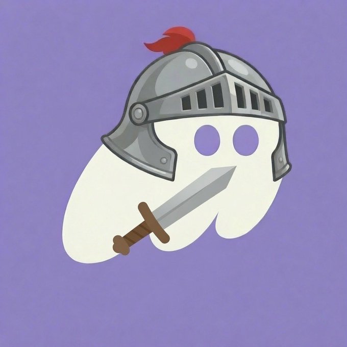A cartoon-style illustration of a ghost character wearing a metal knight's helmet with a red plume and holding a sword.