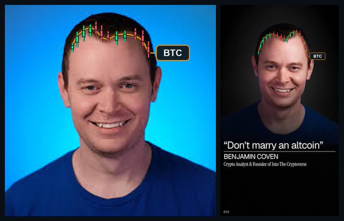 A split image showing a man (identified as Benjamin Cowen, Crypto Analyst & Founder of Into The Cryptoverse) smiling with a BTC candlestick chart on his forehead, with the quote "Don't marry an altcoin" displayed.