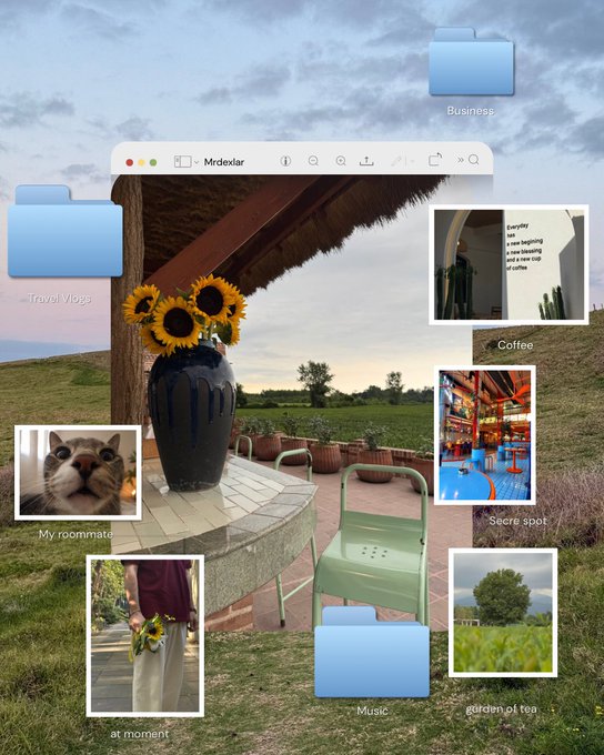 A desktop screen showing a 'Mrdexlar' file explorer window overlaid on a scenic background of a patio with sunflowers, featuring labeled photo folders like 'Businesp', 'Travel Vlogs', 'Coffee', 'My roommate', 'Secret spot', 'at moment', 'Music', and 'garden of tea'.