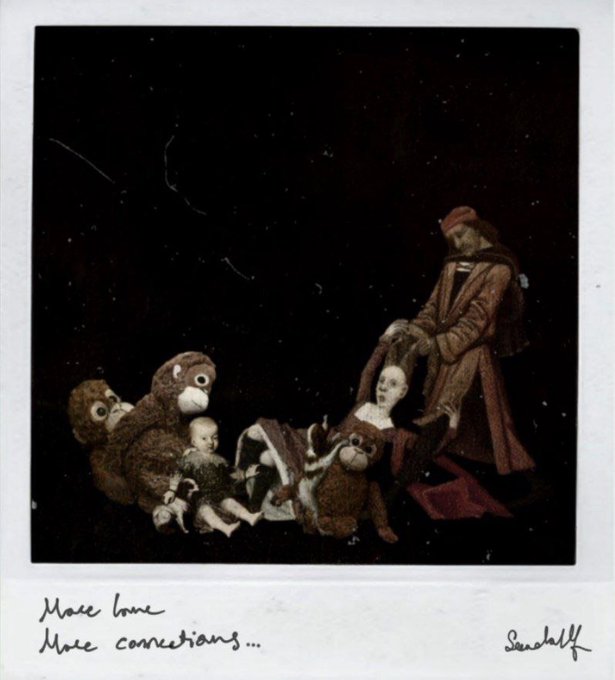 A dark Polaroid-style photograph titled "Make connections" shows an elderly man in a red cap surrounded by various worn teddy bears and dolls against a starry background, signed by the artist.