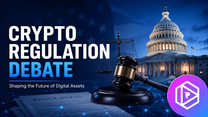 A graphic titled 'CRYPTO REGULATION DEBATE' with the subtitle 'Shaping the Future of Digital Assets,' featuring the US Capitol building, a gavel, and a hexagonal logo.