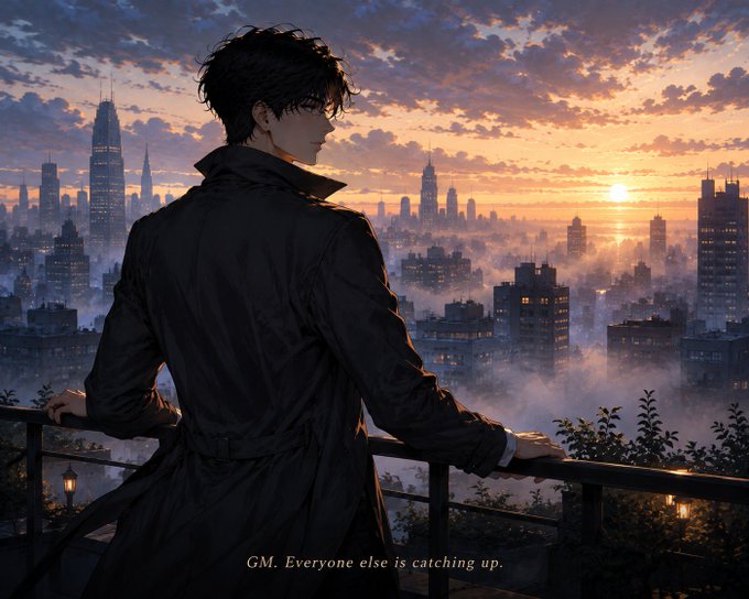 An anime-style illustration shows a dark-haired man in a long black trench coat standing with his back to the viewer, looking out over a misty cityscape at sunset. Text at the bottom reads, 'GM. Everyone else is catching up.'