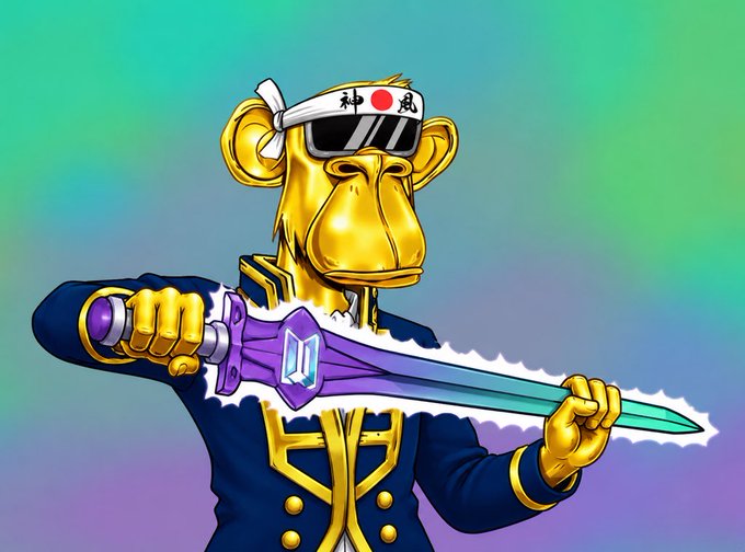 A digital illustration of a golden monkey character wearing a Japanese headband (神風) and sunglasses, dressed in a military-style uniform and holding a purple jeweled sword against a green and purple gradient background.