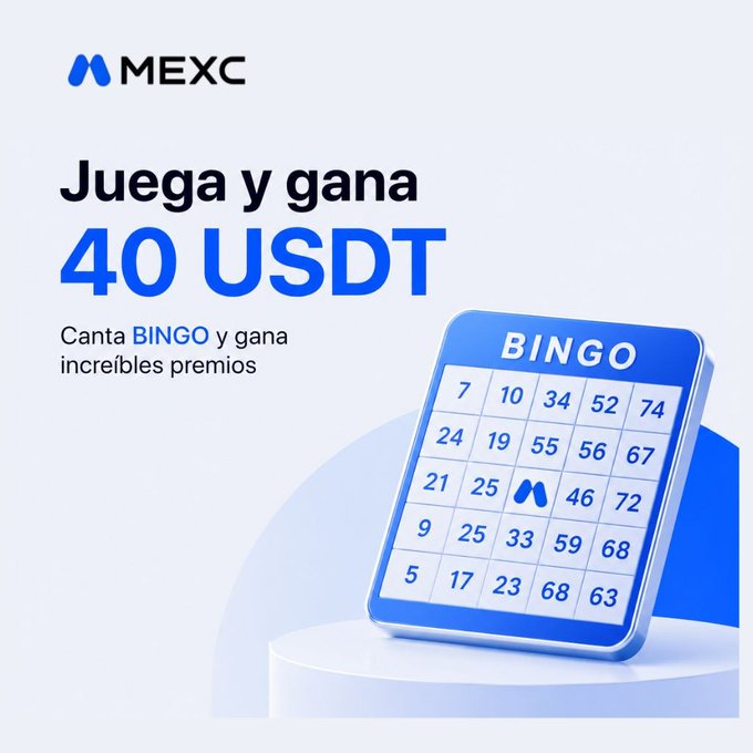 A MEXC cryptocurrency exchange promotional image displays "Juega y gana 40 USDT" (Play and win 40 USDT) alongside the MEXC logo, featuring a blue 3D-rendered bingo card on a white podium. The advertisement promotes a BINGO game where participants can win 40 USDT in prizes, as mentioned in the accompanying Telegram-based event details.