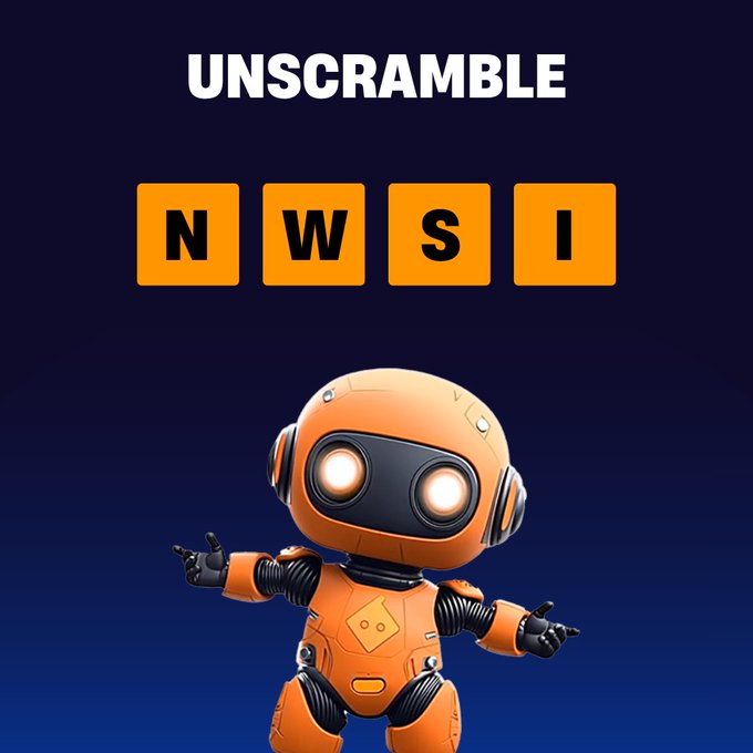 A graphic showing the word 'UNSCRAMBLE' above four orange blocks displaying 'N W S I', with an orange robot character below.