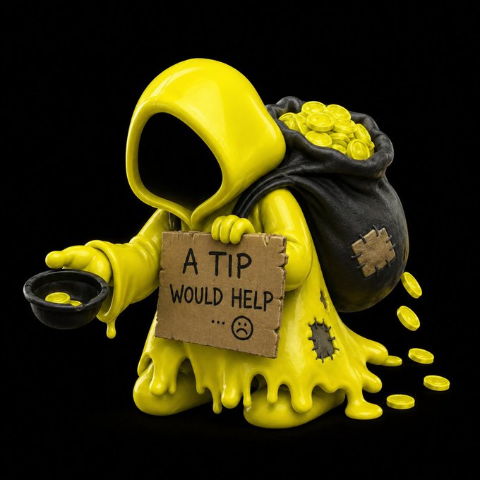 A 3D illustration of a yellow hooded figure resembling a melted grim reaper holding a cardboard sign that reads 'A TIP WOULD HELP...' with a sad face, carrying a sack of gold coins.