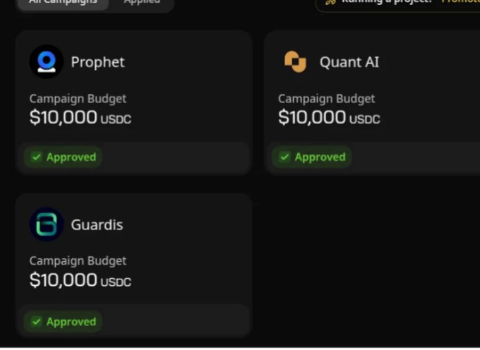 The image shows a list of campaign budgets for four different campaigns, with three of them being approved and one remaining unapproved. The approved campaigns have been marked as "Approved" in green checkmarks, while the unapproved campaign has an "X" symbol above it. The text on the screen indicates that the campaigns are related to a wallchain project called "Quant AI".