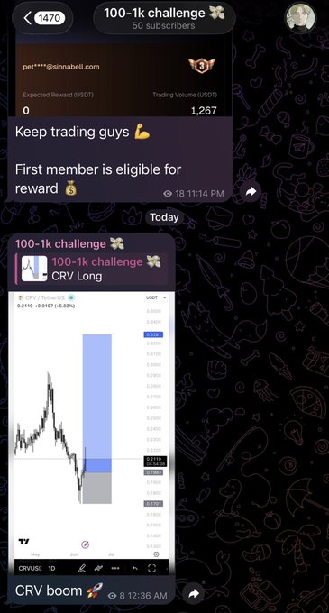 The image shows a cell phone screen with a message from someone named "CRV" that reads, "Keep trading guys. First member is eligible for reward. Today's challenge is 100k trading. CRV long printing in telegram dm on tg to join for free". The post also mentions a game called "CRBoom", which seems to be related to the trading challenge.