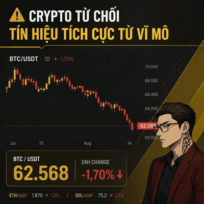 A crypto market graphic with Vietnamese text 'CRYPTO TỪ CHỐI TÍN HIỆU TÍCH CỰC TỪ VĨ MÔ' showing BTC/USDT at 62,568 with a -1.70% decline, featuring a candlestick chart and an illustrated man with glasses and a suit.
