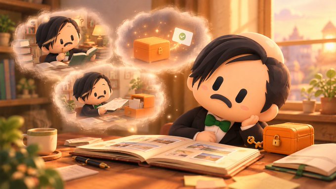 A cartoon character with a mustache and green bow tie studies at a desk with an open book, while thought bubbles show him searching for information and discovering a gold box with a green checkmark.